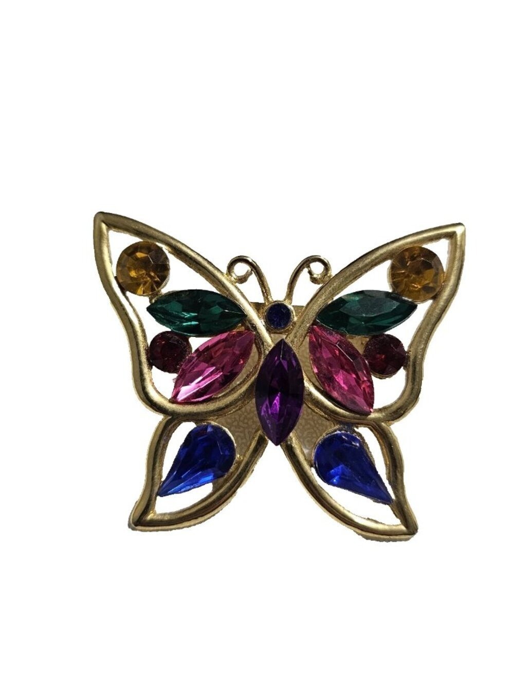Vintage Butterfly Brooch Pin Gold Tone Colorful Rhinestone 80s Jewelry